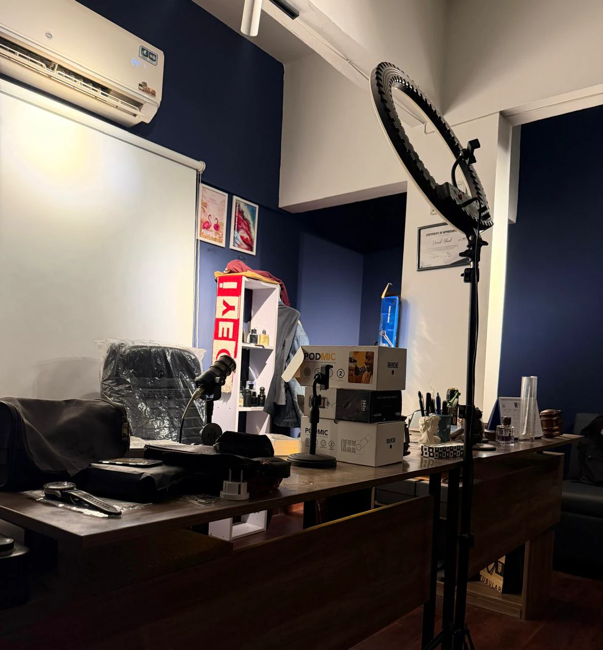 Office side view with a ring light and RODE PodMic microphones set up for recording