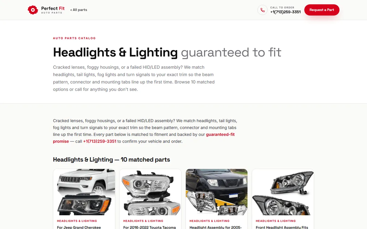 Headlights and lighting category page on perfectfitautoparts.us