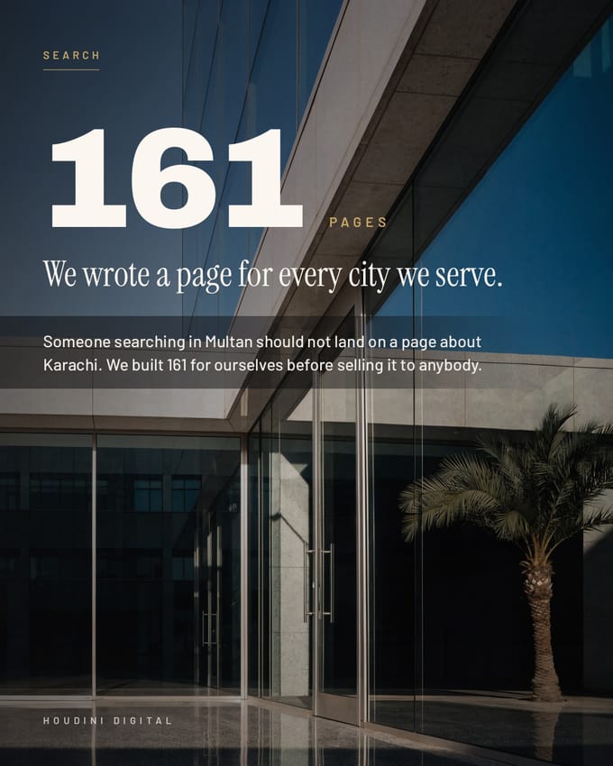 Poster reading 161 pages, we wrote a page for every city we serve